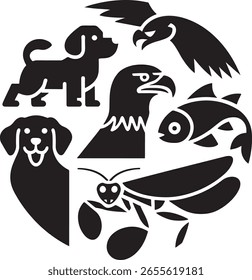 Black vector silhouette set of cartoon animals including dog, cat, and bird illustrations