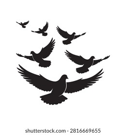 Black vector silhouette set of a flock of flying doves and pigeons with open wings. Clean, scalable, and fully editable EPS vector illustration asset.