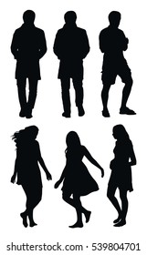 Black vector silhouette set of walking and standing men and women on white background