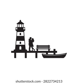 Black vector silhouette showing romantic couple embracing on wooden pier dock featuring lighthouse backdrop bench and small rowing boat nearby perfect for concepts of love romance seaside leisure travel vacation and peaceful water front atmosphere isolated on clean white background for design.