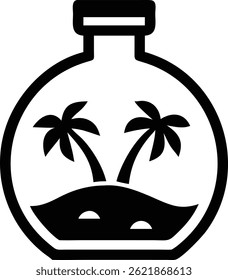 Black vector silhouette shows a small island with two palm trees growing on it, encased inside a glass jar with a defined neck and a rounded body.