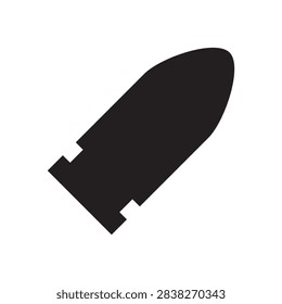 Black vector silhouette of a single bullet angled diagonally, representing ammunition, firearms, and lethal force.