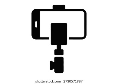 Silhueta vetorial preta do smartphone no estabilizador gimbal, vista frontal. Mínimo de vídeo móvel de filmagem e vlogging rig ícone isolado no fundo branco para streaming, criação de conteúdo.