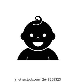 Black vector silhouette of a smiling baby on a white background The baby has a simple design with a circular head and body.