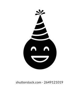 Black vector silhouette of a smiling emoji wearing a party hat against a white background. The style is simple and minimal.