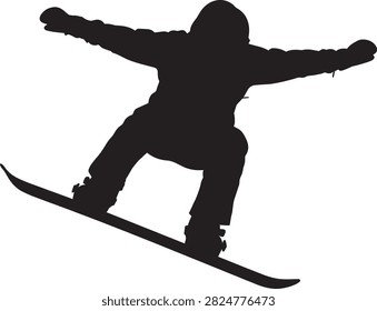 A black vector silhouette of a snowboarder jumping and performing a trick in mid-air isolated on white background.