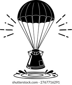 Black vector silhouette of space capsule landing. Parachute deployment over water splash. Aerospace mission symbol.