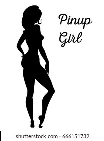 Black vector silhouette of standing sexy pinup girl isolated on white background.