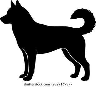 Black vector silhouette of a standing Siberian husky dog in side profile.