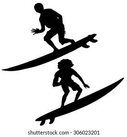 Black vector silhouette surfer on white background