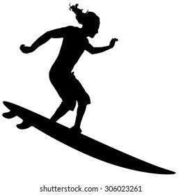 Black vector silhouette surfer on white background