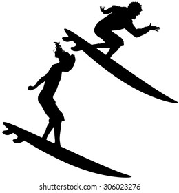 Black vector silhouette surfer on white background