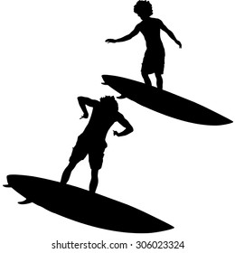 Black vector silhouette surfer on white background