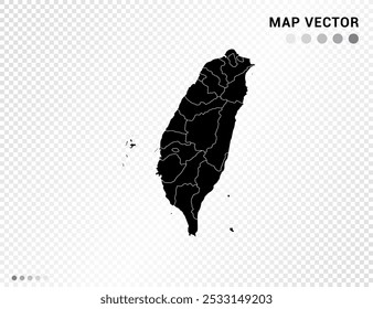 Black vector silhouette of Taiwan map on transparent background.