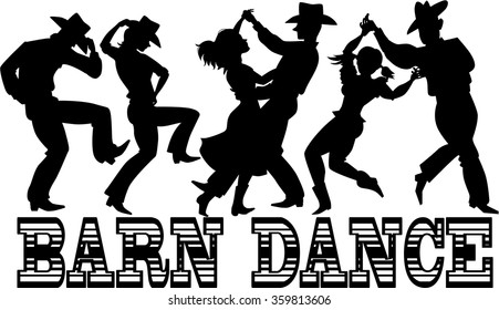 Black vector silhouette of three couples in western style clothes dancing, banner Barn Dance at the bottom, no white objects, EPS 8