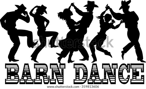 Black vector silhouette of three couples in western\
style clothes dancing, banner Barn Dance at the bottom, no white\
objects, EPS 8