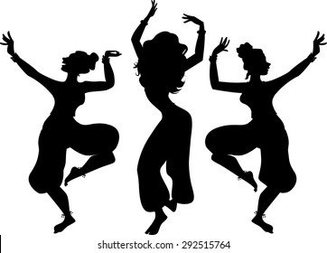 Black vector silhouette of three woman dancing traditional Indian dance, EPS8