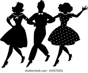 Black vector silhouette of three young people in vintage clothes walking arm in arm, no white objects