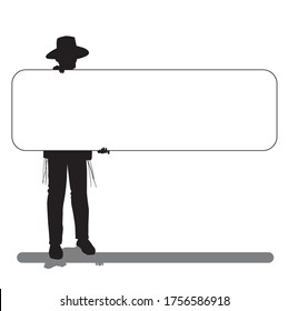 A black vector silhouette of a Torah-observant Jewish man holding a sign.
The character is dressed like a hipster with a black hat. And a suit.
Flat vector drawing.