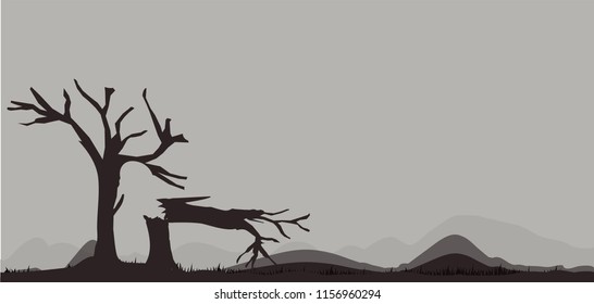 Black vector silhouette of the tree isolated on dark background. Eps10 vector illustration.