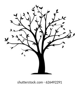 Black vector silhouette of a tree with leaves isolated on white background