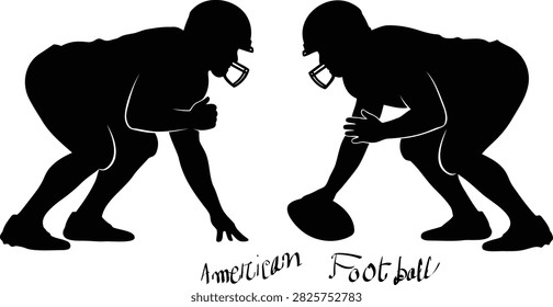 Black vector silhouette of two American football offensive and defensive linemen facing each other in a three-point stance on the line of scrimmage, ready to snap the football for sports design.