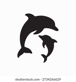 Black vector silhouette of two dolphins leaping through the air. This minimalist graphic depicts an adult dolphin and a smaller calf, representing marine life, family, and freedom. Ideal for ocean-themed logos, aquarium branding, coastal decor, and environmental conservation projects.