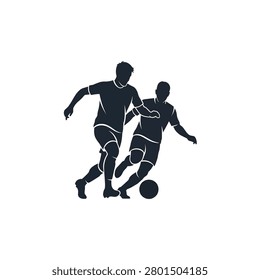 Black vector silhouette of two male soccer players competing for a ball on white background. Detailed illustration of football athletes in dynamic action during a competitive match.