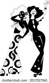 Black vector silhouette of two young women dressed in 1970s club fashion, EPS 8, no white objects