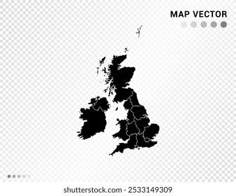 Black vector silhouette of United Kingdom (UK) map on transparent background.