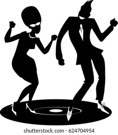 Black vector silhouette of a vintage couple dancing the Twist on a vinyl record, EPS 8, no white objects