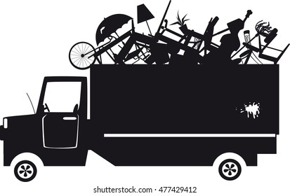 Black vector silhouette of a waste collection truck filled with garbage, EPS 8, no white objects