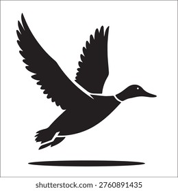 Black vector silhouette of a wild mallard duck in full flight, captured with wings spread wide in a powerful upward stroke.