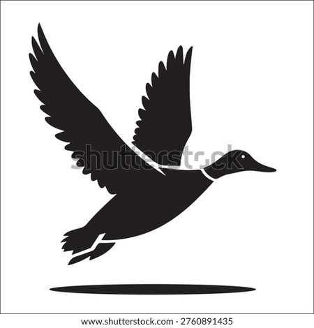 Black vector silhouette of a wild mallard duck in full flight, captured with wings spread wide in a powerful upward stroke.