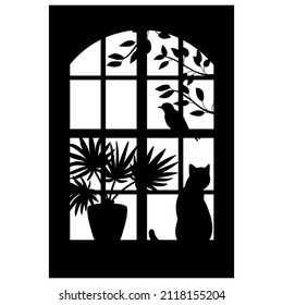 Black vector silhouette of a window with a cat, a potted houseplant and a bird on a branch