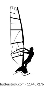 Black vector silhouette of windsurfing man isolated on white background