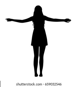Black vector silhouette of young girl with spread arms isolated on white background