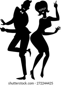 Black vector silhouette of a young stylish couple dressed in late 1950s early 1960s fashion dancing the Twist,  EPS 8