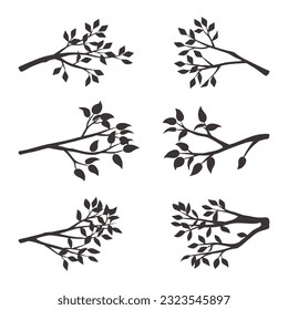 Black vector silhouettes of branches with leaves isolated om a white background.