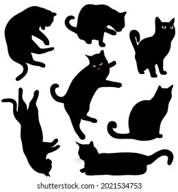 Black vector silhouettes of cats in different poses isolated on white background. Set of icons of cats.  