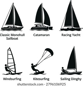 Black vector silhouettes of classic monohull, catamaran, racing yacht, windsurfing, kitesurfing, sailing dinghy.