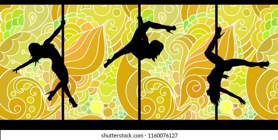 Black vector silhouettes of female pole dancers performing pole moves on abstract zen doodle background.