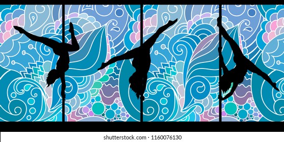 Black vector silhouettes of female pole dancers performing pole moves on abstract zen doodle background.