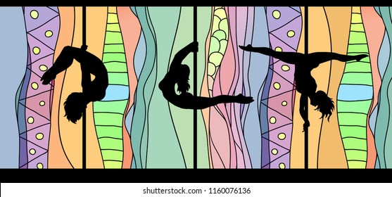 Black vector silhouettes of female pole dancers performing pole moves on abstract zen doodle background.