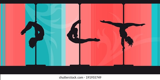 Black vector silhouettes of female pole dancers performing pole moves on abstract background. 