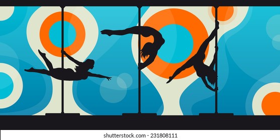 Black vector silhouettes of female pole dancers performing pole moves on abstract background