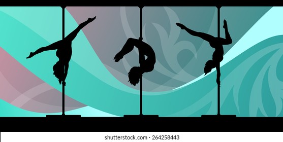 Black vector silhouettes of female pole dancers performing pole moves on abstract background.
