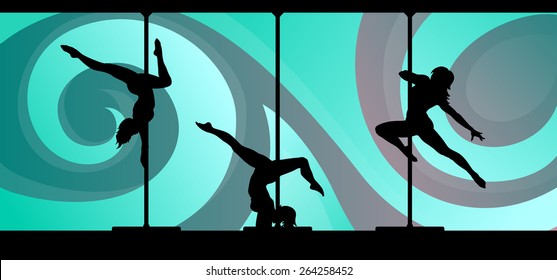 Black vector silhouettes of female pole dancers performing pole moves on abstract background.