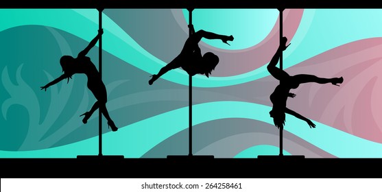 Black vector silhouettes of female pole dancers performing pole moves on abstract background.