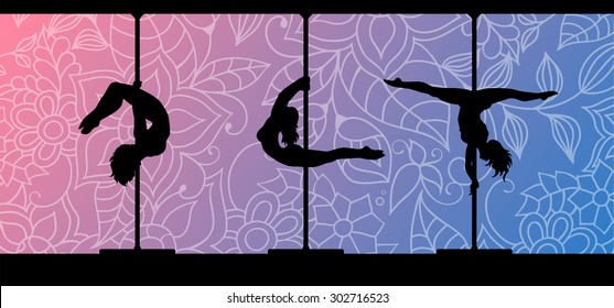 Black vector silhouettes of female pole dancers performing pole moves on abstract floral background.